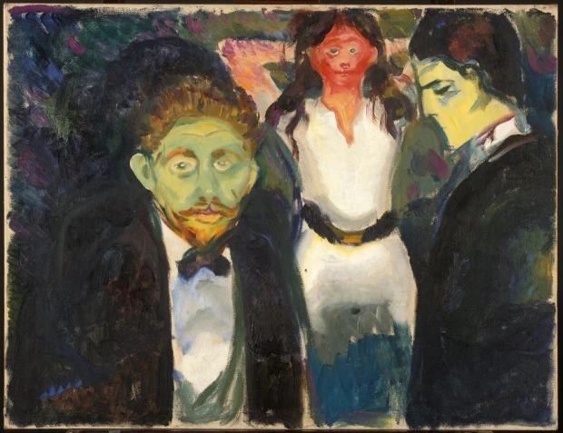 Reprodukcja Jealousy, Edvard Munch - Wzór graficzny. Dwie postacie męskie i jedna żeńska w intensywnych kolorach