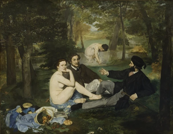 Reprodukcja Luncheon on the Grass, Edouard Manet - Aranżacja w ogrodzie. Zieleń drzew i trawa, postacie w naturalnych pozach