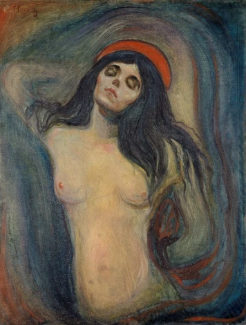 Reprodukcja Madonna, Edvard Munch - Wzór graficzny. Postać kobieca z długimi włosami, w tle intensywne kolory