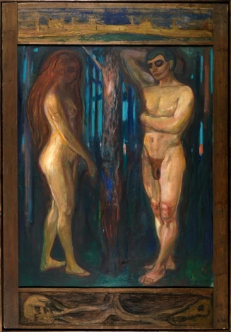 Reprodukcja Metabolism, Edvard Munch - Wzór graficzny. Dwie postacie w naturalnych kolorach na tle ciemnych drzew