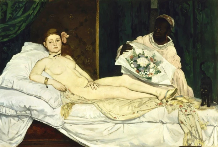 Reprodukcja Olympia, Edouard Manet - Wzór graficzny. Kobieta leży na poduszkach, obok czarnoskóra służąca z bukietem kwiatów