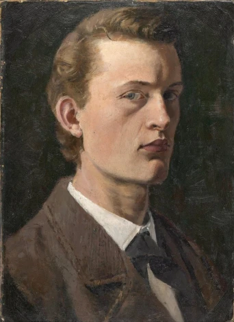 Reprodukcja Self-Portrait, Edvard Munch - Wzór graficzny. Mężczyzna w brązowej kurtce, z krótkimi włosami, patrzy w stronę