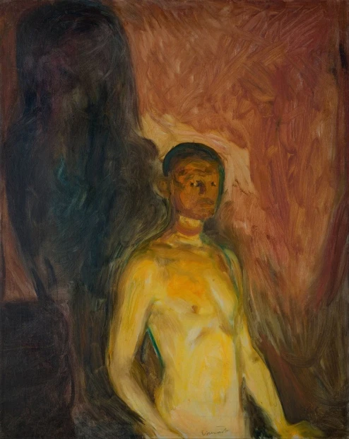 Reprodukcja Self-Portrait in Hell, Edvard Munch - Wzór graficzny. Postać nagiego mężczyzny w intensywnych kolorach