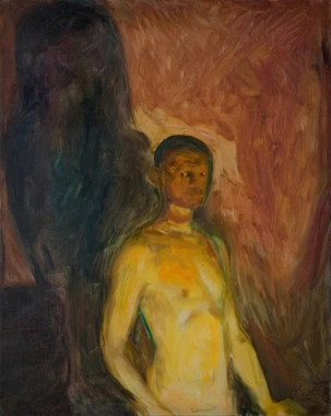 Reprodukcja Self-Portrait in Hell, Edvard Munch - Wzór graficzny. Postać nagiego mężczyzny w intensywnych kolorach