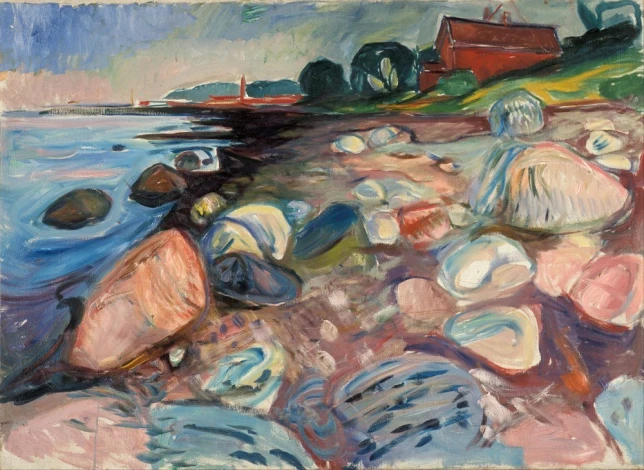 Reprodukcja Shore with Red House, Edvard Munch - Wzór graficzny. Obraz przedstawia kamienistą plażę z czerwonym domem w tle