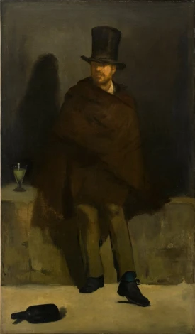 Reprodukcja The Absinthe Drinker, Edouard Manet - Wzór graficzny. Postać mężczyzny w kapeluszu, siedząca w cieniu, obok