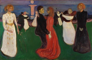 Reprodukcja The dance of life, Edvard Munch - Wzór graficzny. Postacie tańczące w różnych pozach na zielonym tle