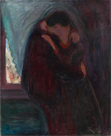 Reprodukcja The Kiss, Edvard Munch - Wzór graficzny. Dwie postacie w objęciach, z intensywnymi kolorami i miękkimi konturami