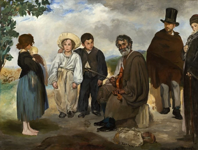 Reprodukcja The Old Musician, Edouard Manet - Wzór graficzny. Grupa postaci w różnych strojach, mężczyzna grający