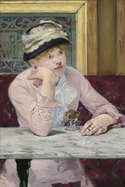 Reprodukcja The Plum, Edouard Manet - Wzór graficzny. Kobieta w różowej bluzce siedzi przy stole, trzymając kieliszek