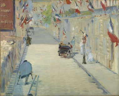 Reprodukcja The Rue Mosnier with Flags, Edouard Manet - Wzór graficzny. Ulica z flagami, postacie i pojazdy w tle