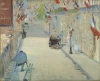 Reprodukcja The Rue Mosnier with Flags, Edouard Manet - Wzór graficzny. Ulica z flagami, postacie i pojazdy w tle