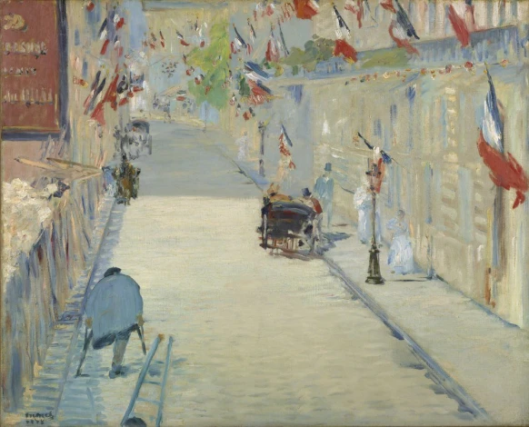 Reprodukcja The Rue Mosnier with Flags, Edouard Manet - Wzór graficzny. Ulica z flagami, postacie i pojazdy w tle