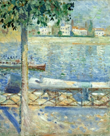 Reprodukcja The Seine at Saint-Cloud, Edvard Munch - Wzór graficzny. Obraz przedstawia rzekę, drzewa i budynki w tle