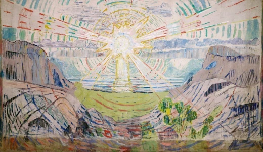 Reprodukcja obrazu The Sun Edvarda Muncha przedstawiająca monumentalne słońce wschodzące nad norweskim fiordem