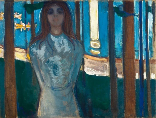 Reprodukcja The Voice, Summer Night, Edvard Munch - Wzór graficzny. Postać w białej sukni na tle drzew i nieba
