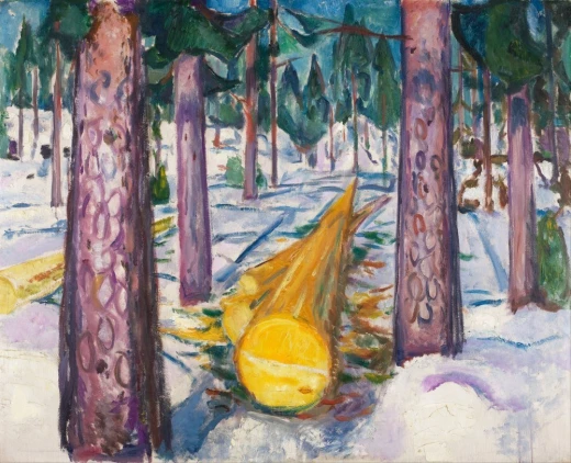 Reprodukcja obrazu Edvarda Muncha pod tytułem The Yellow Log przedstawiająca ściętą żółtą kłodę w zimowym lesie
