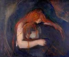 Reprodukcja Vampire, Edvard Munch - Wzór graficzny. Postać z długimi, rudymi włosami, zgięta w smutku na ciemnym tle