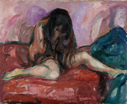 Reprodukcja obrazu Weeping Nude Edvarda Muncha przedstawiająca płaczącą, nagą kobietę siedzącą na łóżku