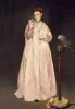 Reprodukcja Young Lady in 1866, Edouard Manet - Wzór graficzny. Postać kobiety w jasnej sukni, trzymająca przedmiot, obok