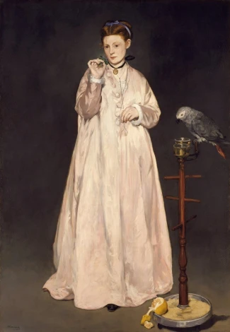 Reprodukcja Young Lady in 1866, Edouard Manet - Wzór graficzny. Postać kobiety w jasnej sukni, trzymająca przedmiot, obok