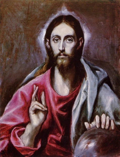 Reprodukcja Der Erloser der Welt, El Greco - Wzór graficzny. Postać mężczyzny z długimi włosami, w czerwonym płaszczu