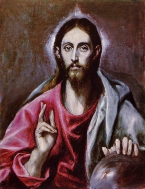 Reprodukcja Der Erloser der Welt, El Greco - Wzór graficzny. Postać mężczyzny z długimi włosami, w czerwonym płaszczu