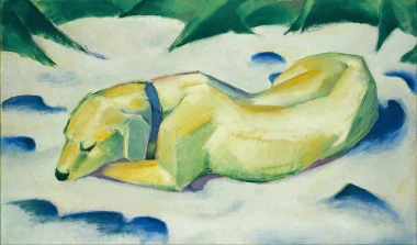 Reprodukcja Dog Lying in the Snow, Franz Marc - Wzór graficzny. Obraz przedstawia psa leżącego na śniegu, z dominującymi