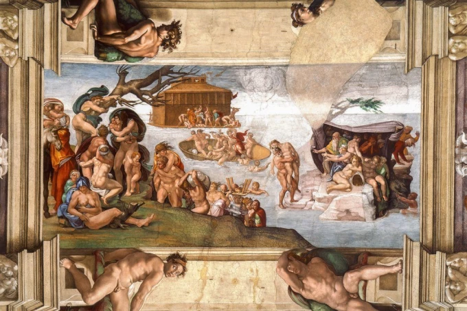 Reprodukcja El Diluvio Universal, Michelangelo - Wzór graficzny. Scena przedstawia potop, z postaciami ludzkimi