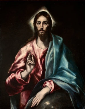 Reprodukcja El Salvador, El Greco - Wzór graficzny. Postać mężczyzny w jasnej szacie na ciemnym tle