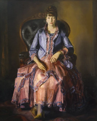 Reprodukcja Emma in a Purple Dress, George Bellows - Wzór graficzny. Postać kobiety w fioletowej sukni siedzi na ciemnym