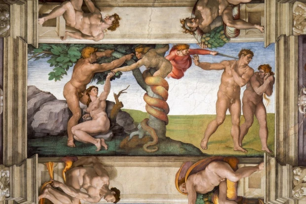 Reprodukcja Expulsion del Paraiso, Michelangelo - Wzór graficzny. Postacie ludzkie w dynamicznych pozach, otoczone