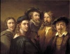 Reprodukcja Fem konstnarer, Rembrandt - Wzór graficzny. Grupa pięciu mężczyzn i jednej kobiety w historycznych strojach
