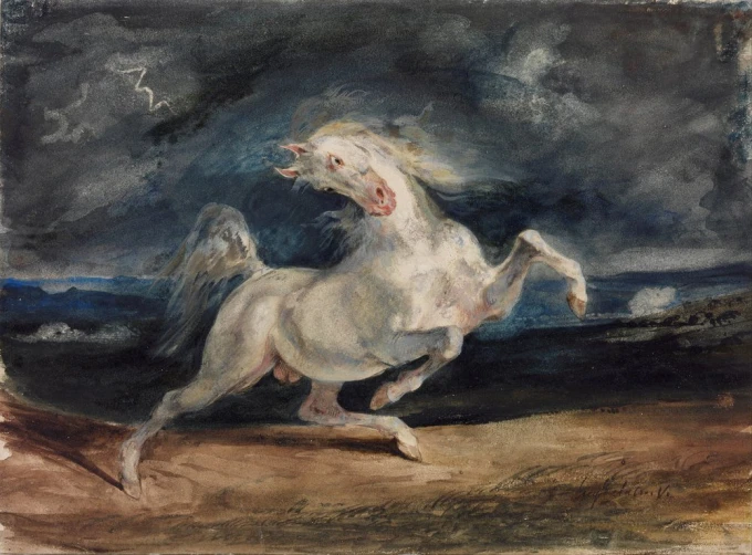 Reprodukcja Horse Frightened by Lightning, Eugene Delacroix - Wzór graficzny. Obraz przedstawia białego konia w ruchu na tle
