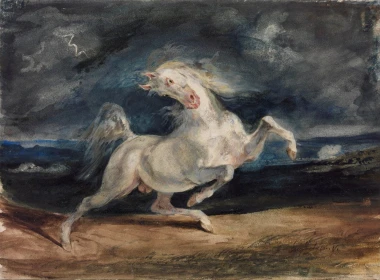 Reprodukcja Horse Frightened by Lightning, Eugene Delacroix - Wzór graficzny. Obraz przedstawia białego konia w ruchu na tle