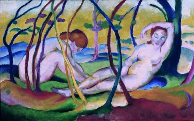 Reprodukcja Nudes under Trees, Franz Marc - Wzór graficzny. Dwie nagie postacie wśród drzew, z intensywnymi kolorami