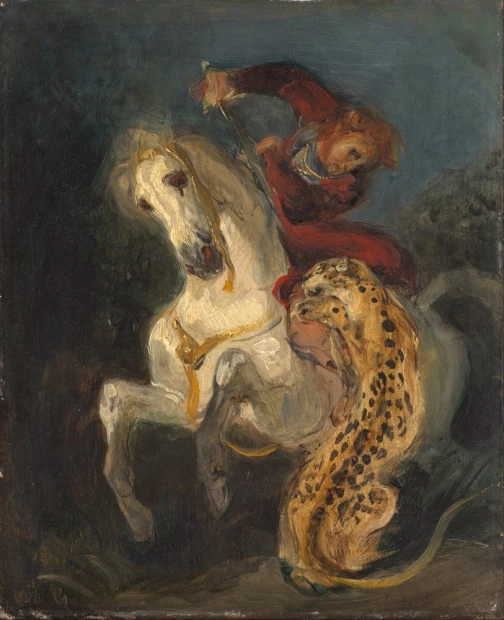 Reprodukcja Rider Attacked by a Jaguar, Eugene Delacroix - Wzór graficzny. Mężczyzna na białym koniu walczy z jaguarem