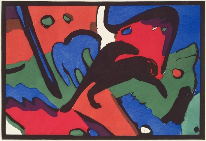 Reprodukcja The Blue Rider, Wassily Kandinsky - Wzór graficzny. Kolory czerwony, niebieski, zielony i czarny w dynamicznych