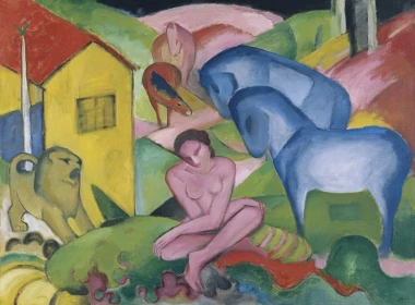 Reprodukcja The Dream, Franz Marc - Wzór graficzny. Kobieta siedzi na tle kolorowych koni i zwierząt, z geometrycznymi