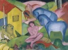 Reprodukcja The Dream, Franz Marc - Wzór graficzny. Kobieta siedzi na tle kolorowych koni i zwierząt, z geometrycznymi
