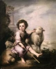 Reprodukcja The Good Shepherd, Bartolome Esteban Murillo - Wzór graficzny. Chłopiec w różowej szacie siedzi obok owcy