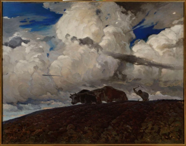 Reprodukcja Ziemia, Ruszczyc Ferdynand - Wzór graficzny. Obraz przedstawia krajobraz z chmurami, krowami i postacią