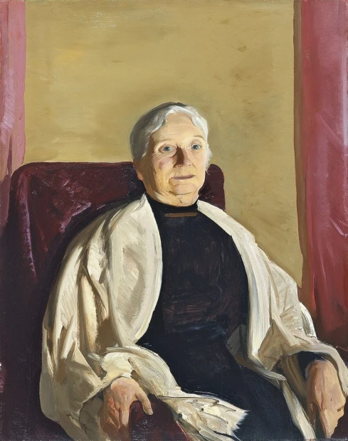 Reprodukcja A Grandmother, George Bellows - Wzór graficzny. Postać starszej kobiety w jasnym ubraniu na tle jednolitej