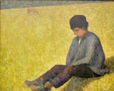 Reprodukcja Auf einer Wiese sitzender Knabe, Georges Seurat - Wzór graficzny. Postać chłopca siedzi na trawie, w tle
