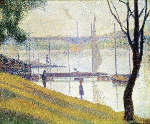 Reprodukcja Bridge of Courbevoie, Georges Seurat - Wzór graficzny. Obraz przedstawia wodę, łodzie oraz postacie na tle drzew