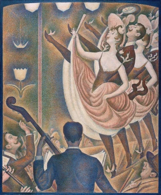 Reprodukcja Can-can, Georges Seurat - Wzór graficzny. Dwie tancerki w kolorowych strojach, w tle muzycy