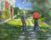 Reprodukcja Chemin montant, Gustave Caillebotte - Wzór graficzny. Dwoje ludzi idzie ścieżką, jeden z parasolką, w otoczeniu