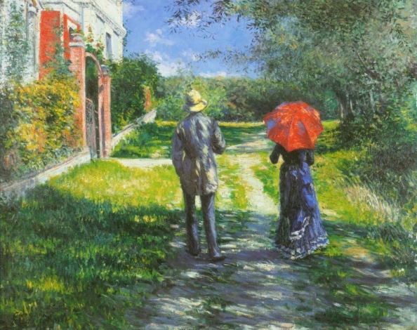 Reprodukcja Chemin montant, Gustave Caillebotte - Wzór graficzny. Dwoje ludzi idzie ścieżką, jeden z parasolką, w otoczeniu
