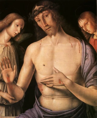 Reprodukcja Christ supported by two angels, Rafael Santi, Raphael - Wzór graficzny. Postacie Chrystusa i aniołów