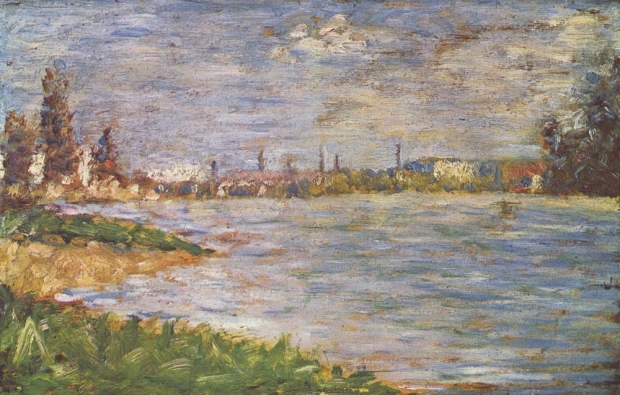 Reprodukcja Die beiden Ufer, Georges Seurat - Wzór graficzny. Obraz przedstawia rzekę z brzegami, z drzewami i budynkami
